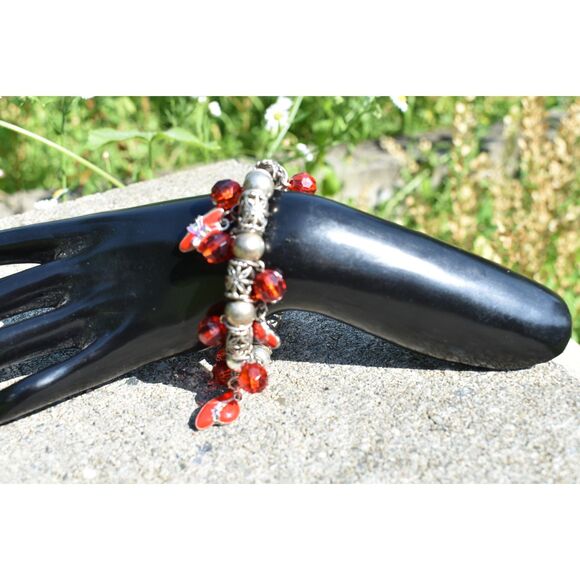 Red Charm Beaded Stretch Bracelet – Silver Tone Accents (Size 7”) - Picture 2 of 7